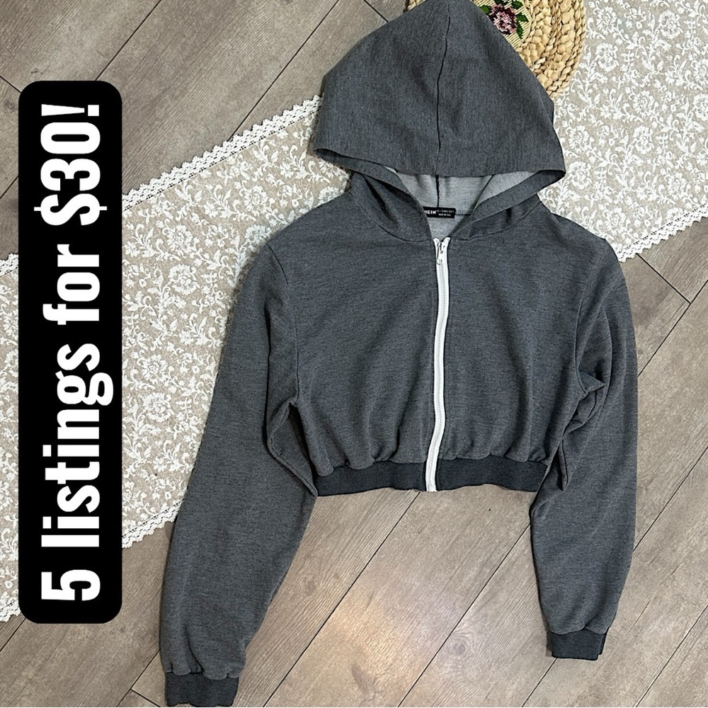 New SHEIN Girls Cropped Zip Hoodie Jacket Gray Athletic Hoodie Jacket Size Large